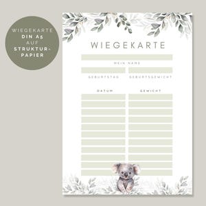 Wiegekarte für Hebammen und frischgebackene Eltern || KOALA & EUKALYPTUS || Zubehör für Hebammenarbeit, Wochenbett. Erinnerung für Eltern!
