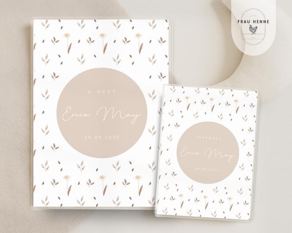 U-Heft Hülle personalisiert mit Namen || BLUMEN || – Set mit Impfpasshülle – Baby Dokumentenhülle Beige – Geschenk zur Geburt – Handgemacht