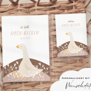 U-Heft-Hülle personalisiert mit Namen als Geschenk zur Geburt: Motiv GANS. Zusammen im Set mit Impfheft oder einzeln. Deutsche Maße.