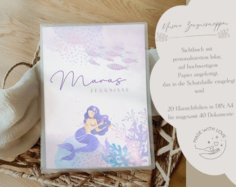 Zeugnismappe personalisiert mit Namen als Geschenk zur Einschulung für Mädchen & Jungen, MEERJUNGFRAU, Einschulung, Dokumentenmappe