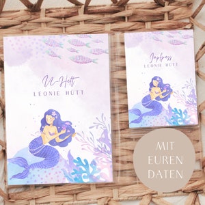 Personalisierbare Hülle für U-Heft: Motiv Meerjungfrau. Zusammen im Set mit Impfheft oder einzeln. Deutsche Maße.