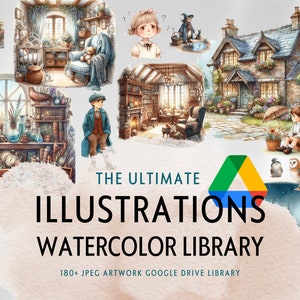 Aquarelles classiques, illustrations d'oeuvres d'art JPEG sans licence Bibliothèque, jardins, chalets, fermes, conception de projets de livres pour enfants