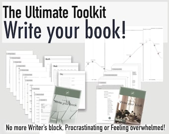 May include: A set of printable worksheets and guides to help writers overcome writer's block and complete their book. The worksheets include a monthly calendar, weekly planner, daily schedule, and other helpful tools. The text on the cover of the guide says "Write your book".
