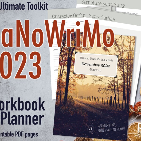 NaNoWriMo 2023 Preptober PDF Printable Workbook, Writer Author Novel Book Toolkit Planner, Write a Novel in 30 days, Story Outline Templates