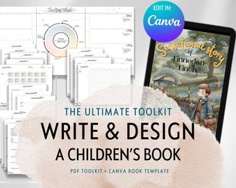 May include: A digital tablet displaying a Canva book template with the text "The Sensational Story of Finnegan Finch". The tablet is on a white surface with a stack of printable PDF worksheets for writing and designing a children's book. The text "The Ultimate Toolkit Write & Design A Children's Book PDF Toolkit + Canva Book Template" is visible below the tablet.