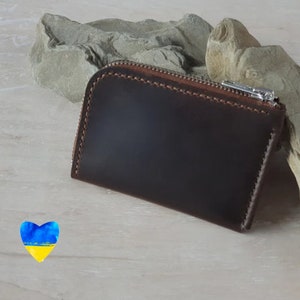Billetera pequeña de cuero con cremallera, billetera con cremallera, billetera minimalista, billetera para tarjetas, billetera con media cremallera, billetera zip marrón
