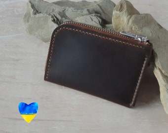 Billetera pequeña de cuero con cremallera, billetera con cremallera, billetera minimalista, billetera para tarjetas, billetera con media cremallera, billetera zip marrón