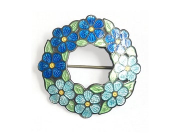 Alfred Horace Derby Sterling Silver Guilloche Enamel Floral Wreath Brooch