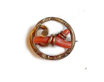 Victorian Coral Lover's Knot Gold Colored Metal Pendant / Brooch