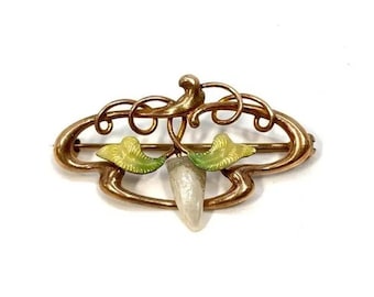 Art Nouveau, 10K Enamel and Pearl Brooch