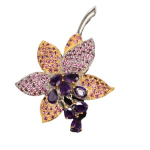 Amethyst, Garnet and Sterling Silver, Flower Brooch