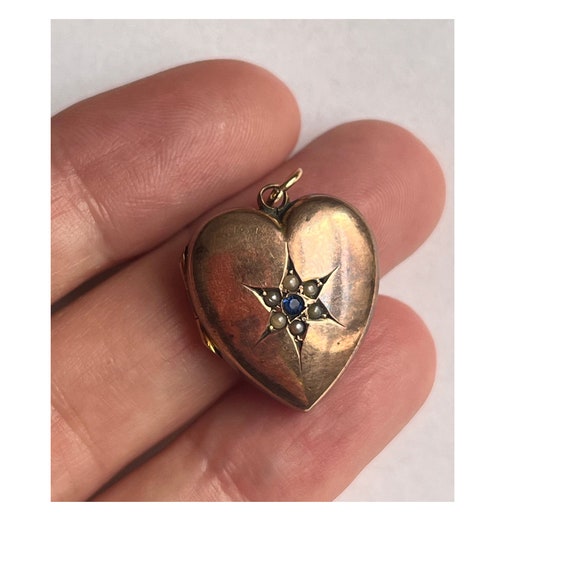 Antique 14K Gold Heart Locket with Blue Paste Sto… - image 5