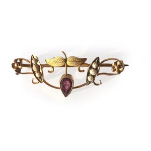 Antieke 14K gouden broche met zaadparel en amethist