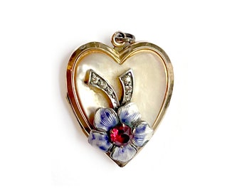 Gold Filled, Mother of Pearl and Enamel Heart Locket with Original Photo