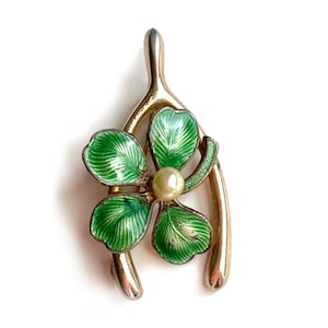 Vintage Gold Tone Wishbone Pin: Enamel Clover & Faux Pearl