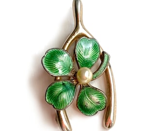 Vintage Gold Tone Wishbone Pin: Enamel Clover & Faux Pearl
