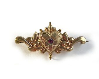 Antique Art Nouveau Heart Gold Filled Pin with Red Stone