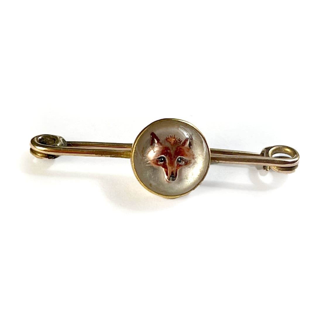 14K Gold Antique Essex Crystal Fox Brooch: Victorian Intaglio Pin
