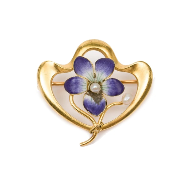 14k gouden emaille en parel art nouveau violette bloembroche