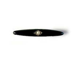 Small Victorian 14K Gold Onyx and Seed Pearl Mourning Brooch