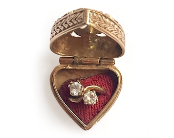 Vintage 9K Gold Filigree Heart Box with Paste Engagement  / Promise Ring Inside