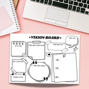 Minimalist printable vision board template on a pink desk beside a laptop and notebook. The board has black-and-white doodle-style sections for reflection and goal-setting, including: “My Top 3 Goals,” “3 Things I Want to Achieve This Year,” “3 Things I Want to Try,” “Things I Love About Myself,” “3 Things I Want to Work On,” “My Word of the Year,” “A Quote I Love,” and affirmations: “I Am… I Can… I Will…”.