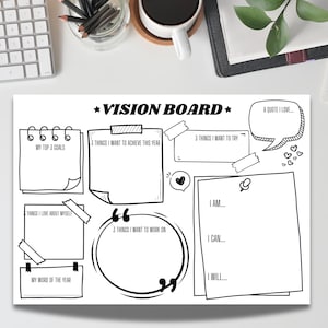 A printable black-and-white vision board template displayed on a desk with pencils, keyboard, notebook, coffee, and a plant. The layout includes sections for top goals, achievements, things to try, affirmations, quotes, self-love notes, and a word of the year to inspire personal growth and planning.