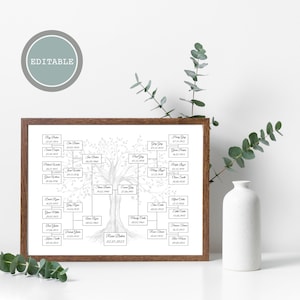 Modèle d&#39;arbre généalogique modifiable, graphique d&#39;arbre généalogique, cadeau de réunion de famille, téléchargement immédiat