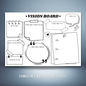 Black and white printable vision board template with sections for personal reflection and goal setting. Prompts include “My Top 3 Goals,” “3 Things I Want to Achieve This Year,” “3 Things I Want to Try,” “Things I Love About Myself,” “3 Things I Want to Work On,” “My Word of the Year,” a quote space, and affirmations starting with “I am… I can… I will…”. Displayed on a gradient background with text noting it comes in 2 sizes: 11x8 and 17x11.