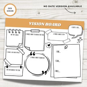Vision Board Template - Printable Goal Planner, Manifestation Worksheet (No Date/2026 Versions Available)