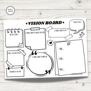 Black-and-white printable vision board template displayed on a light wooden background, labeled as a no date version. The design features doodle-style sections for self-reflection and planning, including top goals, achievements, things to try, affirmations, quotes, self-love notes, and a “word of the year.” Prompts like I am…, I can…, and I will… encourage positive mindset and goal setting.