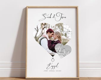 Impresión de mapa de compromiso personalizado: regalo de ubicación en forma de corazón para pareja