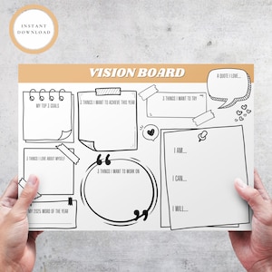 Tablero de visión / Plantilla de tablero de visión 2025 imprimible / Cuadro de establecimiento de objetivos / Tablero de inspiración / Kit de tablero de visión amarillo