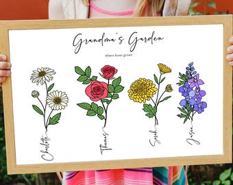 Personalisierte Geburt Blumen Familie Druck, Omas Garten Wand Kunst (Digitaler Download)