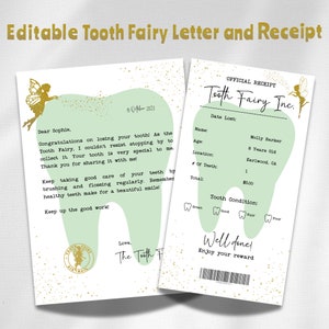 Lettre de fée des dents | Reçu et note modifiables de fée des dents jaune et vert | Lettre de la fée des dents | Ma première dent