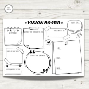 Black-and-white printable 2026 vision board template displayed on a light wooden background. Features doodle-style sections for personal reflection and goal setting, including top goals, achievements, things to try, affirmations, quotes, self-love notes, and a “word of the year.” Includes prompts such as I am…, I can…, and I will… to inspire motivation and planning.