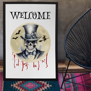 Halloween Party Welcome Sign | Halloween Decor Indoors | Skeleton Print