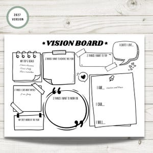Può includere: Un modello di vision board stampabile in bianco e nero con il testo VISION BOARD e 2027 VERSION. Il layout include vari riquadri, post-it e fumetti disegnati a mano con suggerimenti come My Top 3 Goals, I Am, I Can e I Will.