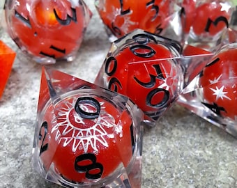 Pumpkin Glow - handmade 7-piece sharp-edged liquid core diceset for ttrpg, dungeons and dragons, pathfinder, daggerheart