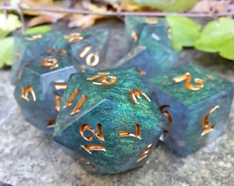 Necromancy - handmade 7-piece sharp-edged diceset for ttrpg, dungeons and dragons, pathfinder, daggerheart