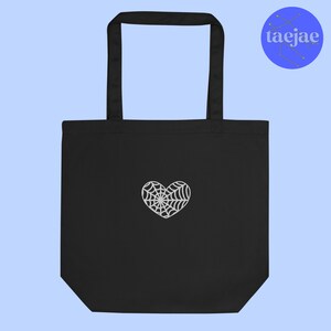 Cute Spiderweb Heart Embroidered Eco Tote Bag | Halloween & Fall Accessories | Black | Reusable Book Grocery Bag | Teacher Librarian Gift