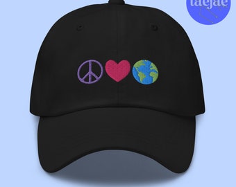 Peace & Love on Earth | Black | Adjustable Embroidered Dad Cap | Baseball Hat