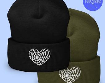 Embroidered Spiderweb Heart Cuffed Beanie