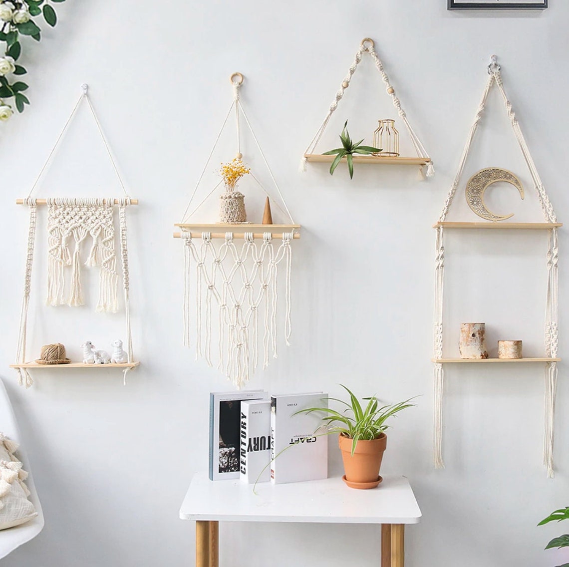 Boho Macrame Hanging Shelf Floating Boho Wall Shelf Bathroom Etsy UK