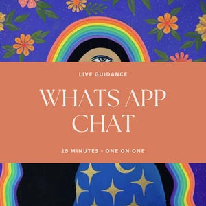 May include: A rectangular graphic with a solid orange center band featuring the white text LIVE GUIDANCE WHATS APP CHAT 15 MINUTES - ONE ON ONE. The background displays a dark blue illustration of a rainbow, an eye, and gold stars.
