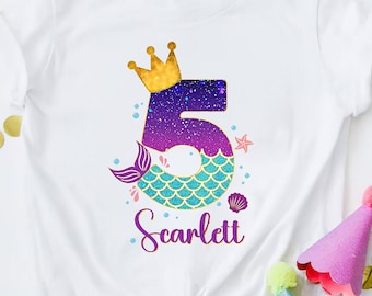 Camiseta personalizada de sirena para el quinto cumpleaños, camiseta de sirena para niña, camiseta de sirena para niñas