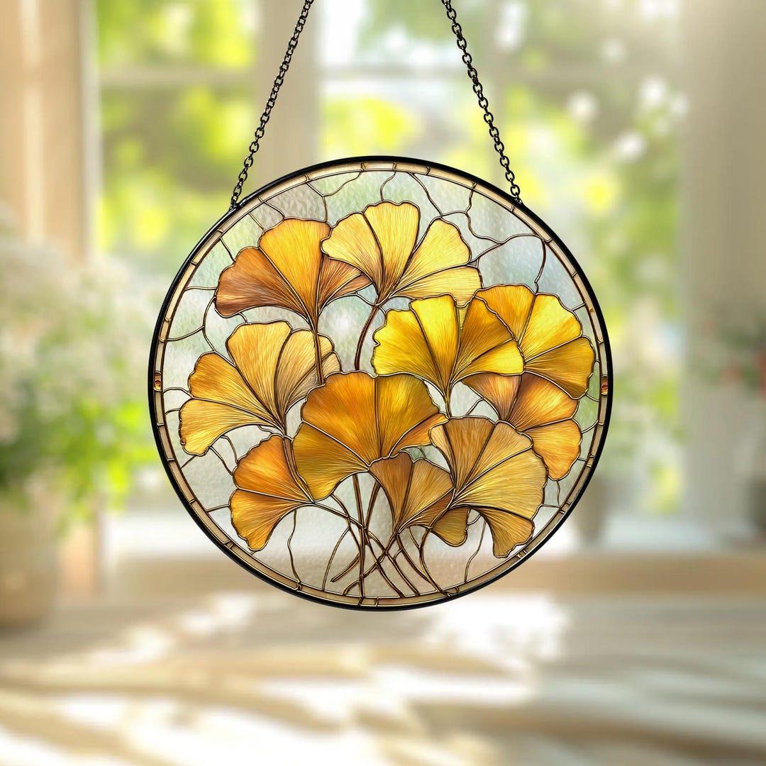 Gingko Window Golden Ginkgo Leaf Glass Suncatcher, Yellow Ginkgo Window Hanging Art ...
