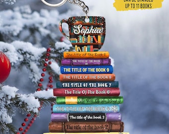 Personalized Christmas Books Flat Keychain, Bookstack With Custom Titles Keychain, Book Reading Lover Keychain, Christmas Gift For Librarian