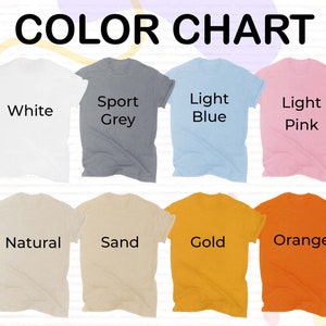 Op de afbeelding: Kleurenkaart met tien verschillende T-shirt kleuren: wit, sport grijs, lichtblauw, lichtroze, naturel, zand, goud, oranje, zwart en marine.