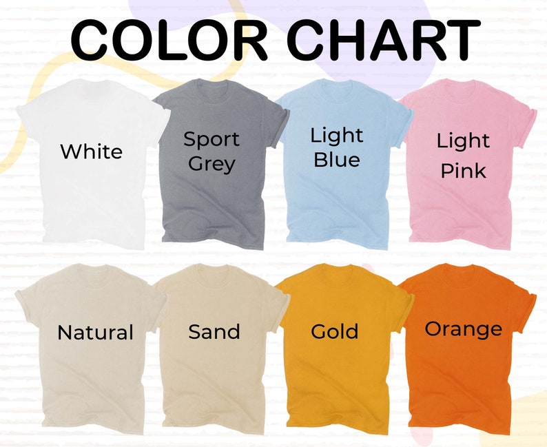 Op de afbeelding: Kleurenkaart met tien verschillende T-shirt kleuren: wit, sport grijs, lichtblauw, lichtroze, naturel, zand, goud, oranje, zwart en marine.